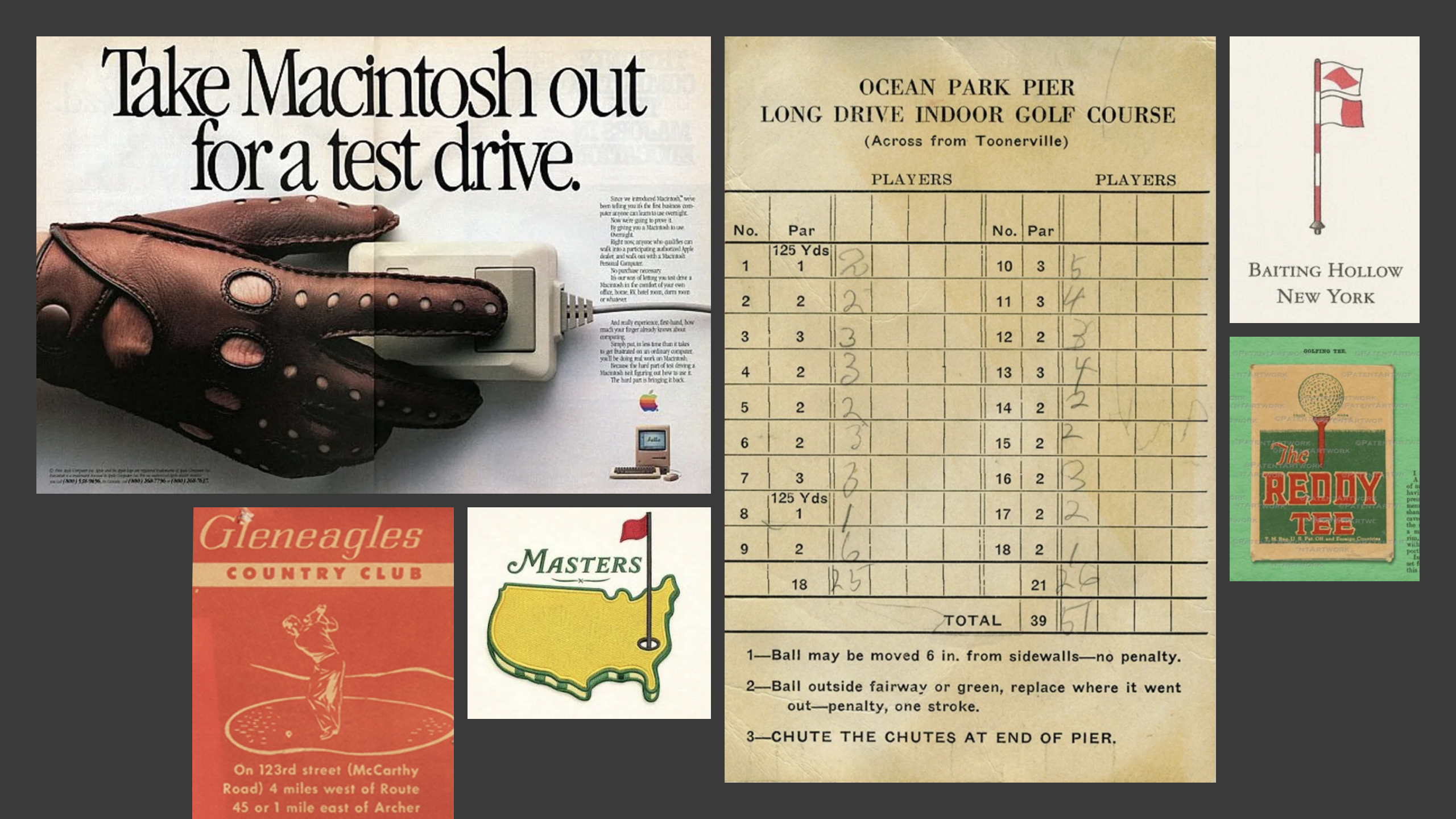 Vintage clubhouse signage, old scorecards, and midcentury golf ephemera set the tone