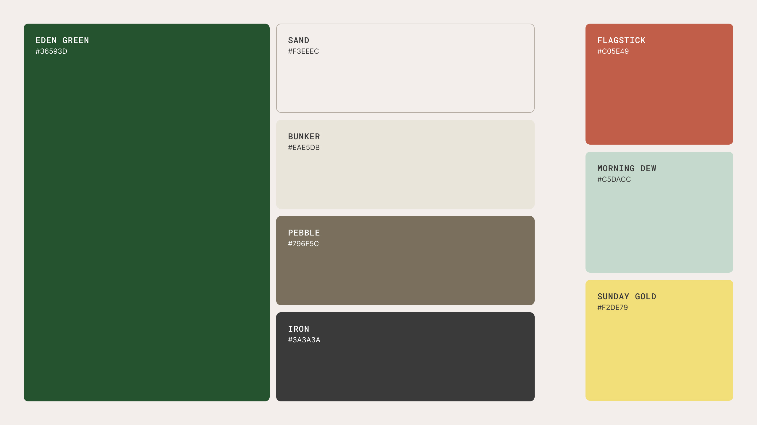 An earthy, course-drawn palette of fairway green and sand, with Flagstick red and Sunday Gold for warmth