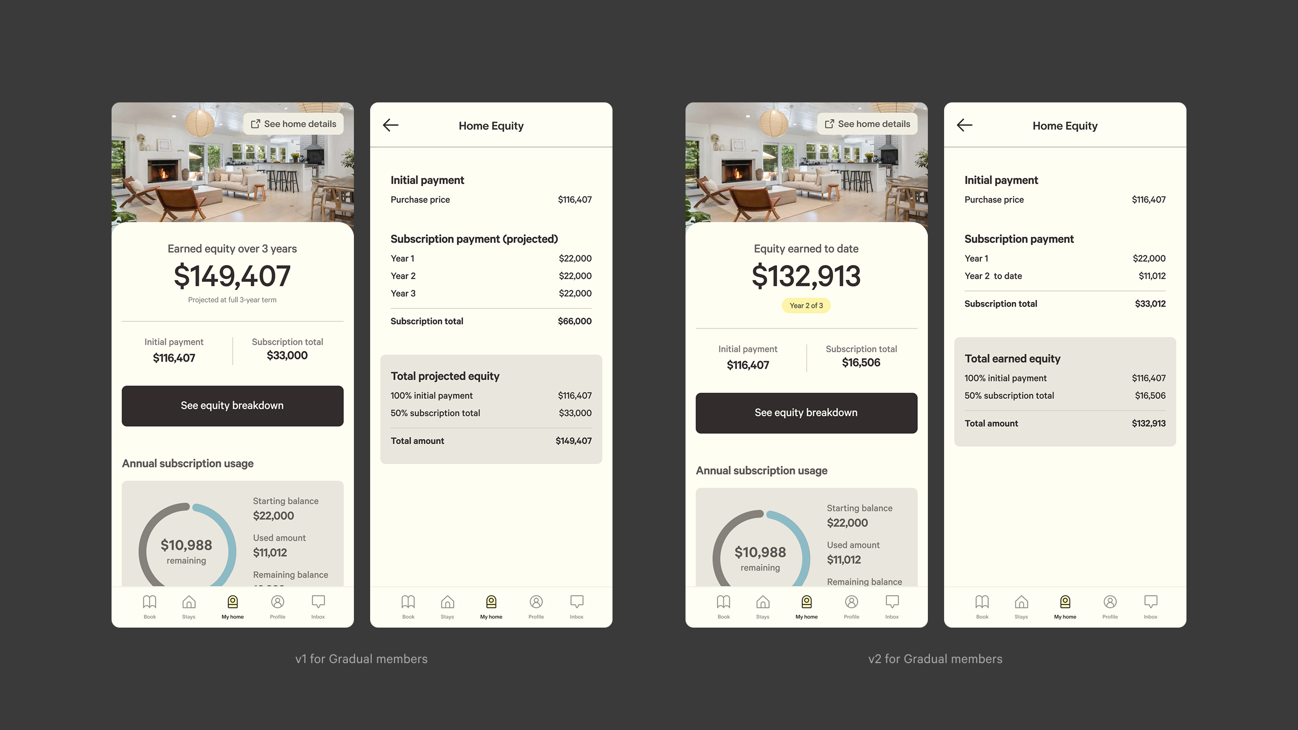 My Home tab: v1 vs v2 for Gradual members